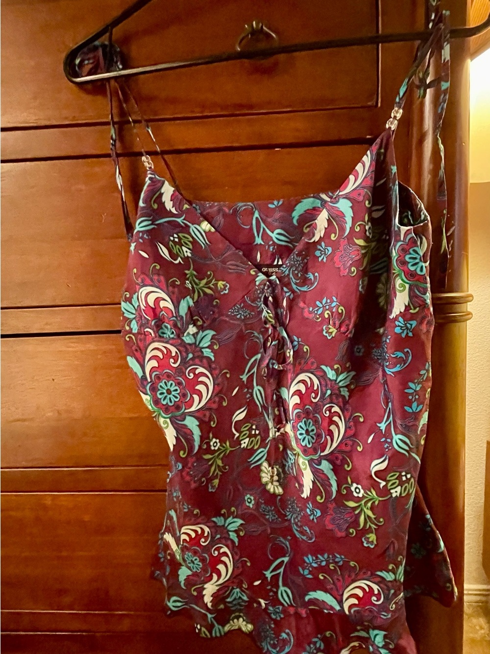 Guess Burgundy Floral Silk top with Teal and Cream Accents